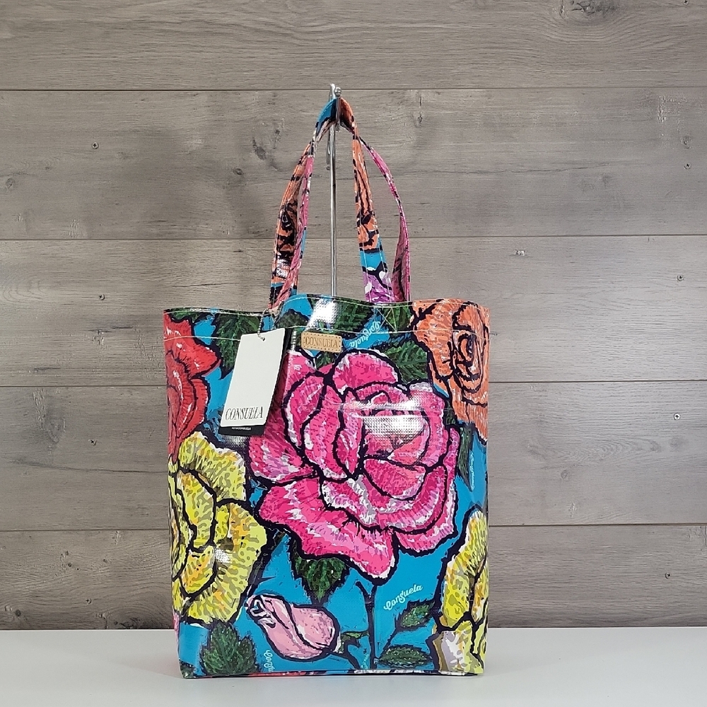 Large Consuela Blue Floral Glossy Tote with Pink and Yellow Blooms New